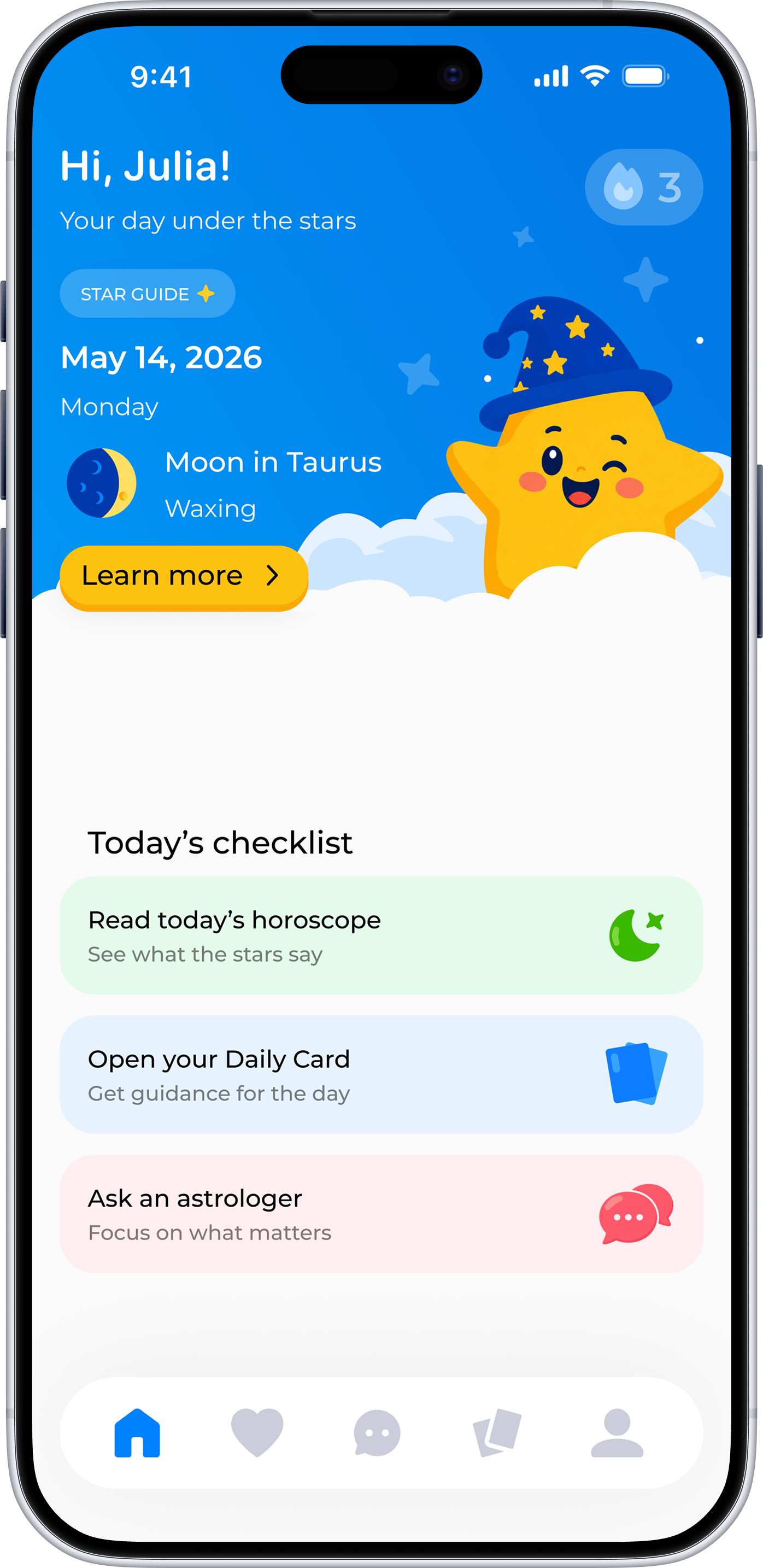 MystarX home screen with daily horoscope