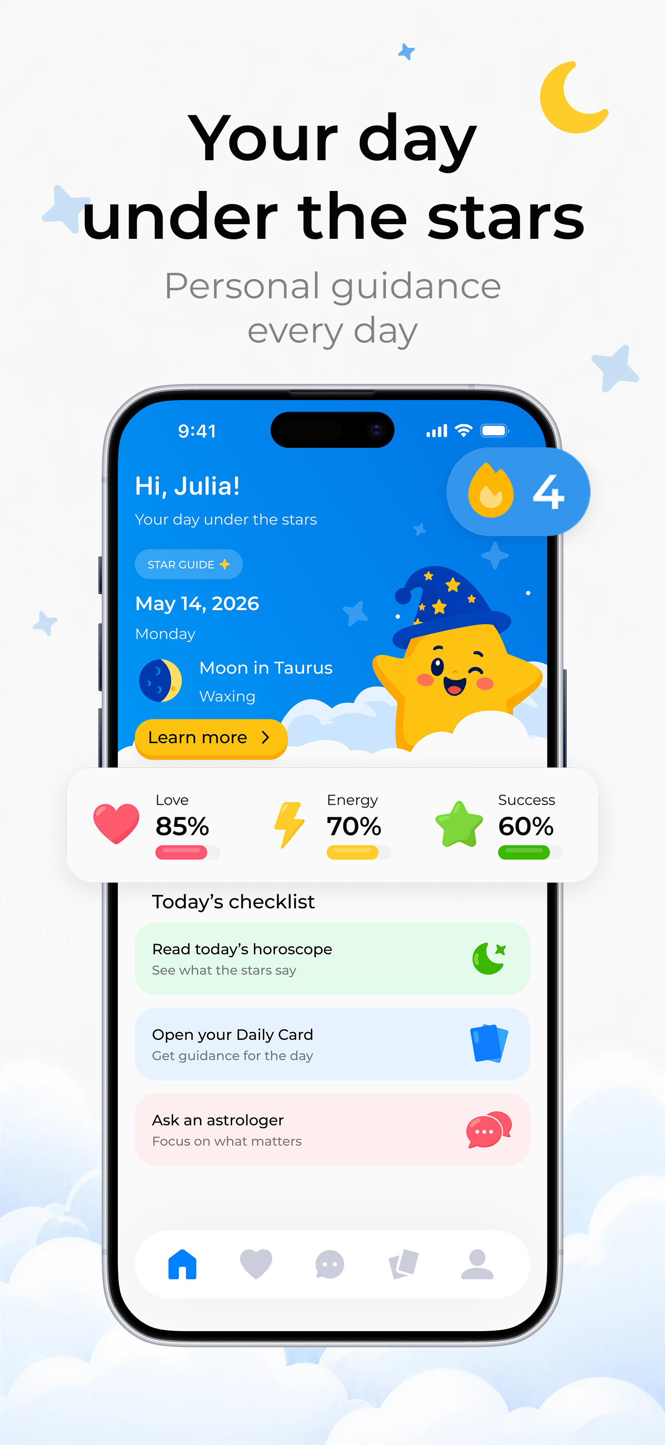 Your day under the stars – daily forecast screen