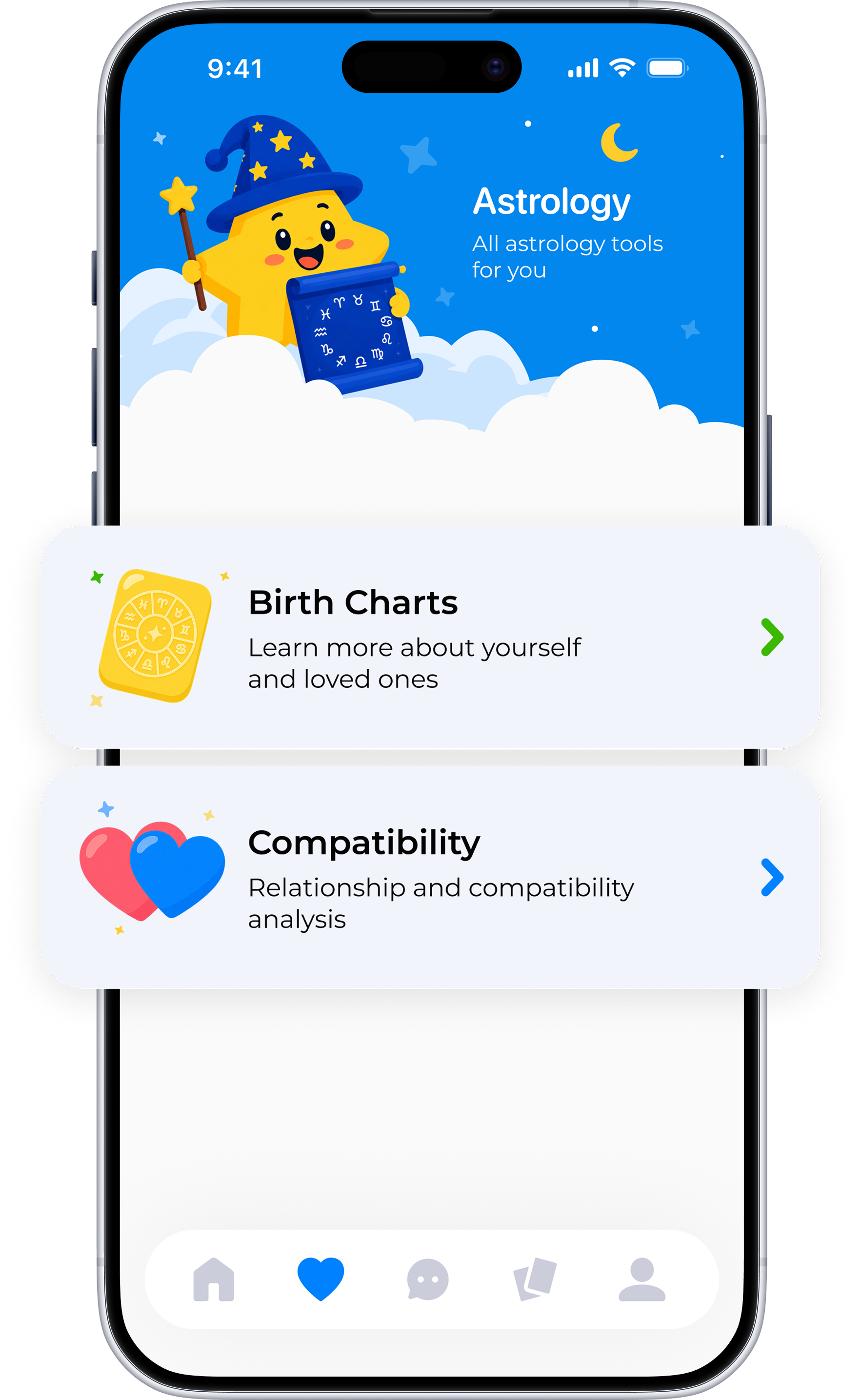 Birth chart and compatibility screen