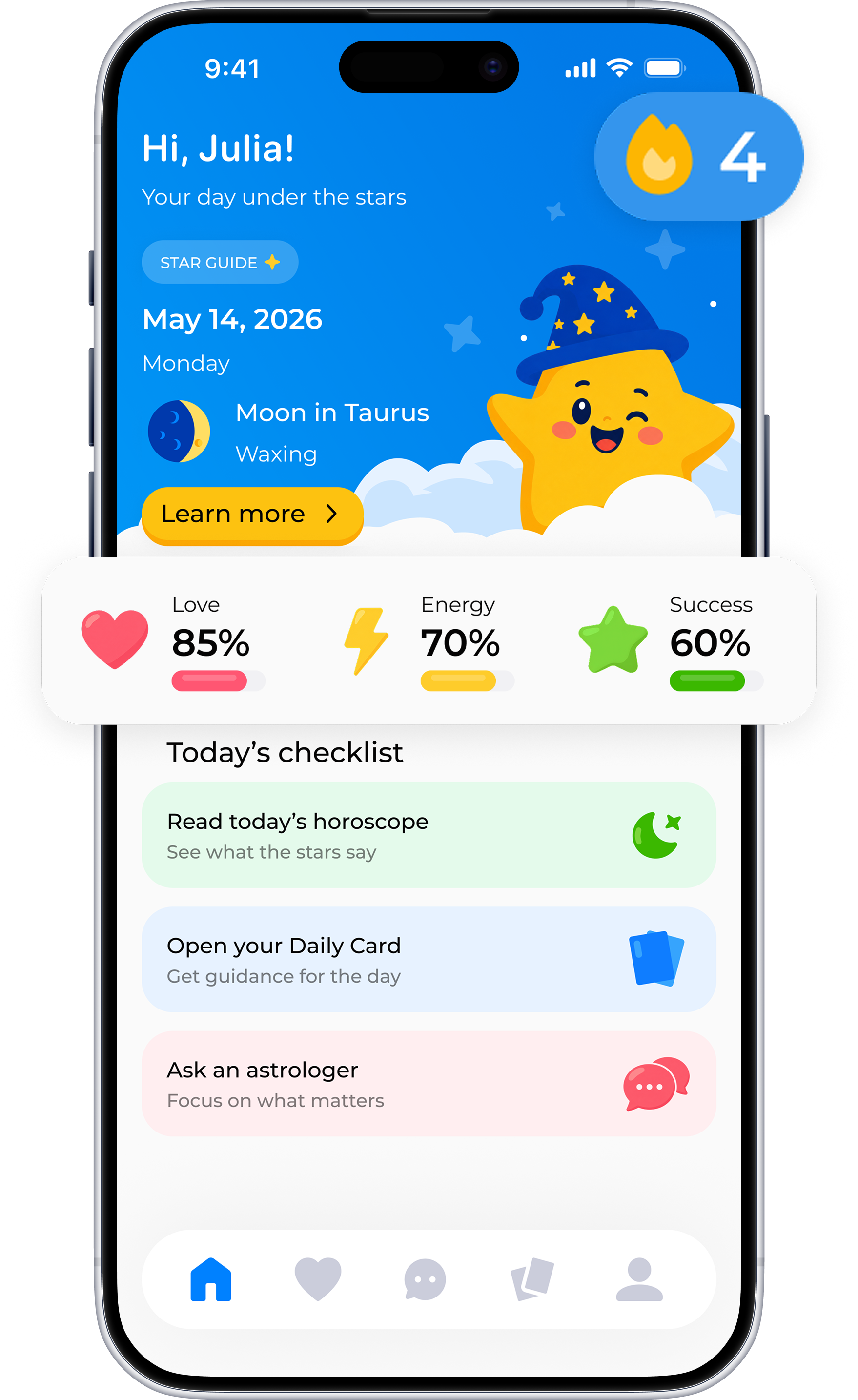 Your day under the stars – daily forecast screen